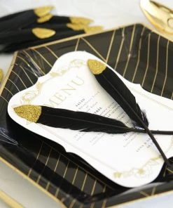 HIER_5180 30 Pack | Glitter Gold Tip Black Real Turkey Feathers | Craft Feathers For Party Decoration Chargers & Centerpieces