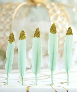 HIER_5180 30 Pack | Glitter Gold Tip Mint Real Turkey Feathers | Craft Feathers For Party Decoration