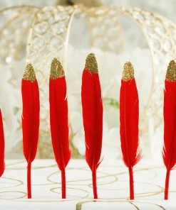 HIER_5180 Chargers & Centerpieces 30 Pack | Glitter Gold Tip Red Real Turkey Feathers | Craft Feathers For Party Decoration