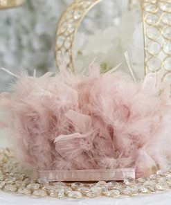 HIER_5180 Chargers & Centerpieces 39" Dusty Rose Real Turkey Feather Fringe Trims With Satin Ribbon Tape