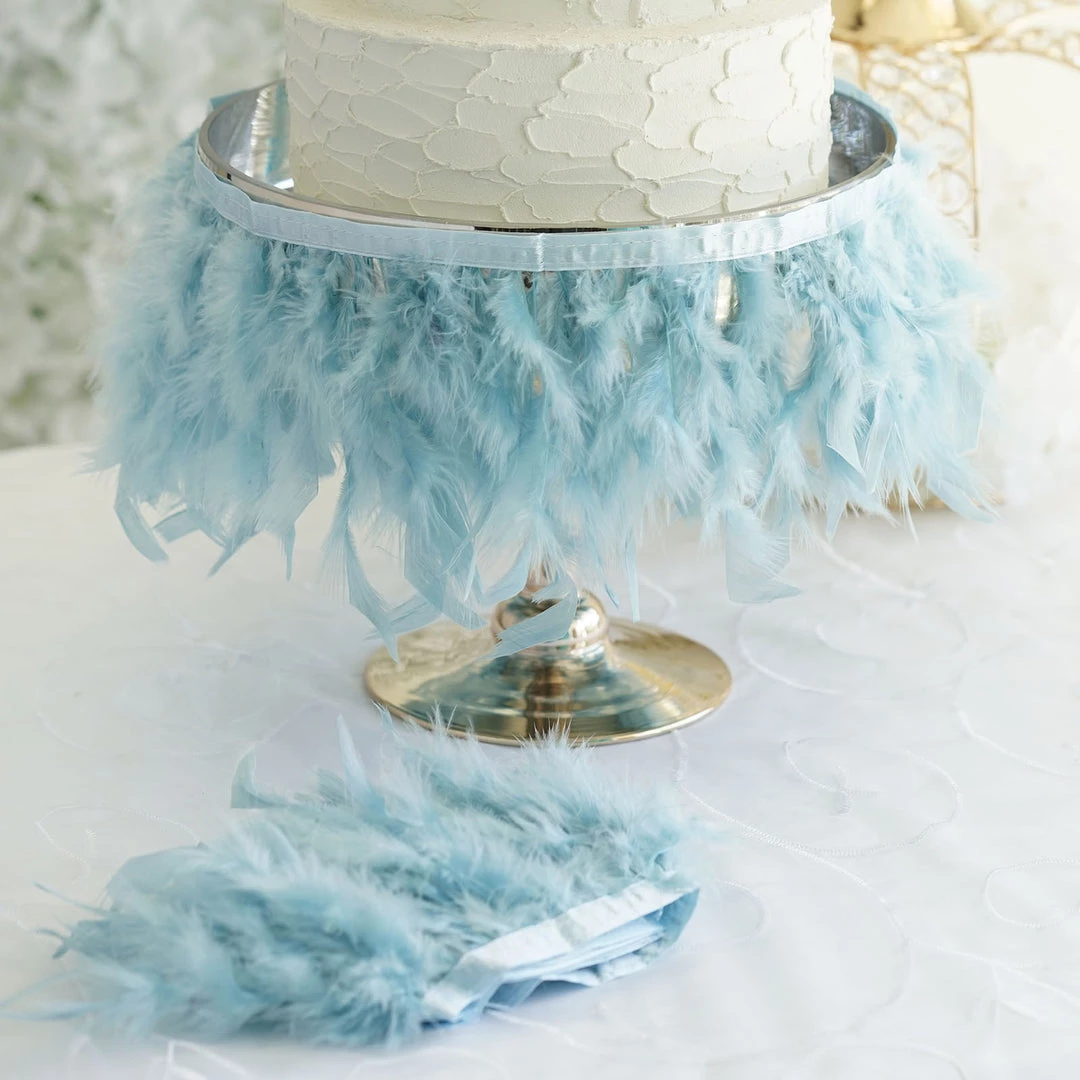 HIER_5180 Chargers & Centerpieces 39" Dusty Blue Real Turkey Feather Fringe Trims With Satin Ribbon Tape 2 HIER_5180 Chargers & Centerpieces 39" Dusty Blue Real Turkey Feather Fringe Trims With Satin Ribbon Tape