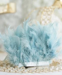 HIER_5180 Chargers & Centerpieces 39" Dusty Blue Real Turkey Feather Fringe Trims With Satin Ribbon Tape