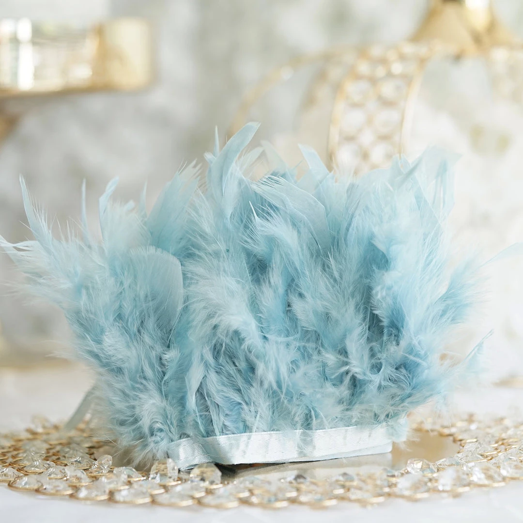 HIER_5180 Chargers & Centerpieces 39" Dusty Blue Real Turkey Feather Fringe Trims With Satin Ribbon Tape 1 HIER_5180 Chargers & Centerpieces 39" Dusty Blue Real Turkey Feather Fringe Trims With Satin Ribbon Tape