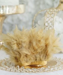 HIER_5180 Chargers & Centerpieces 39" Gold Real Turkey Feather Fringe Trims With Satin Ribbon Tape