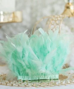 HIER_5180 39" Mint Real Turkey Feather Fringe Trims With Satin Ribbon Tape Chargers & Centerpieces