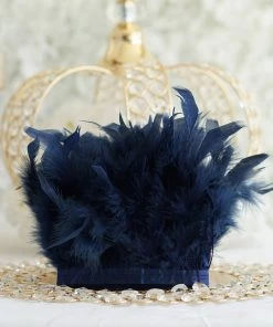 HIER_5180 39" Navy Real Turkey Feather Fringe Trims With Satin Ribbon Tape Chargers & Centerpieces