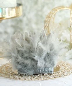 HIER_5180 39" Silver Real Turkey Feather Fringe Trims With Satin Ribbon Tape