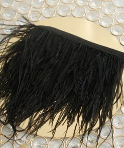 HIER_5180 Chargers & Centerpieces 39" Black Real Ostrich Feather Fringe Trims With Satin Ribbon Tape
