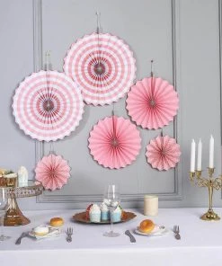 HIER_3300 Tabletop Decor Set Of 6 | Pink Paper Fan Decorations | Paper Pinwheels Wall Hanging Decorations Party Backdrop Kit | 8" | 12" | 16"