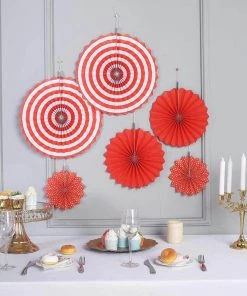 HIER_3300 Set Of 6 | Red Paper Fan Decorations | Paper Pinwheels Wall Hanging Decorations Party Backdrop Kit | 8" | 12" | 16"