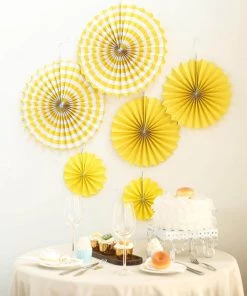 HIER_3300 Tabletop Decor Set Of 6 | Yellow Paper Fan Decorations | Paper Pinwheels Wall Hanging Decorations Party Backdrop Kit | 8" | 12" | 16"