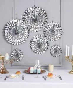 HIER_3300 Set Of 6 | Metallic Silver Paper Fan Decorations | Paper Pinwheels Wall Hanging Decorations Party Backdrop Kit | 8" | 12" | 16"