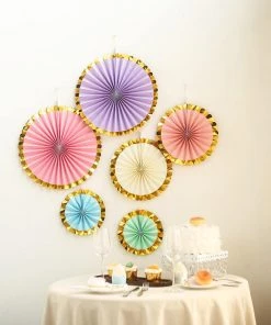HIER_3300 Set Of 6 | Assorted Paper Fan Decorations With Gold Foil Rim | Paper Pinwheels Wall Hanging Decorations Party Backdrop Kit | 8" | 12" | 16"