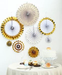 HIER_3300 Set Of 8 | Gold | White Paper Fan Decorations | Paper Pinwheels Wall Hanging Decorations Party Backdrop Kit | 4" | 8" | 12" | 16" Tabletop Decor