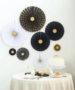 HIER_3300 Set Of 8 - Polka Dots Paper Fan Set - Paper Pinwheels Wall Hanging Decorations Party Backdrop Kit - 4", 8", 12", 16" - Black - Gold - White Tabletop Decor
