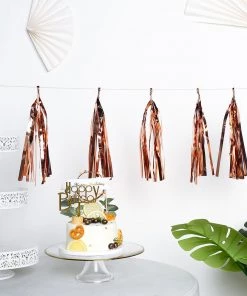 HIER_3300 5 PCS Pre-Tied Metallic Foil Fringe Tassel Garland, Tinsel Curtain For Photo Backdrop Party Decoration - Blush | Rose Gold Lanterns & Pom Pom Balls