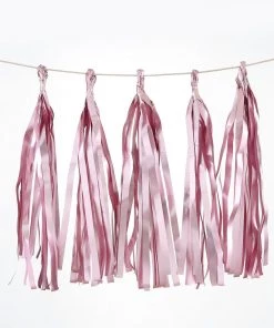 HIER_3300 5 PCS Pre-Tied Metallic Foil Fringe Tassel Garland, Tinsel Curtain For Photo Backdrop Party Decoration - Dusty Rose Lanterns & Pom Pom Balls
