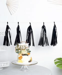 HIER_3300 Lanterns & Pom Pom Balls 5 PCS Pre-Tied Metallic Foil Fringe Tassel Garland, Tinsel Curtain For Photo Backdrop Party Decoration - Black