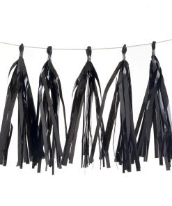HIER_3300 Lanterns & Pom Pom Balls 5 PCS Pre-Tied Metallic Foil Fringe Tassel Garland, Tinsel Curtain For Photo Backdrop Party Decoration - Black