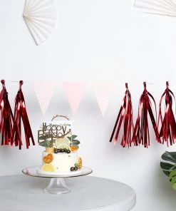 HIER_3300 5 PCS Pre-Tied Metallic Foil Fringe Tassel Garland, Tinsel Curtain For Photo Backdrop Party Decoration - Red Lanterns & Pom Pom Balls
