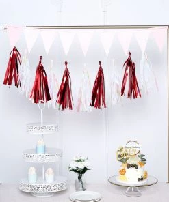 HIER_3300 5 PCS Pre-Tied Metallic Foil Fringe Tassel Garland, Tinsel Curtain For Photo Backdrop Party Decoration - Red Lanterns & Pom Pom Balls