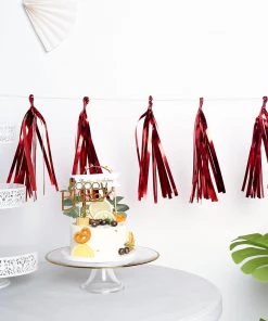 HIER_3300 5 PCS Pre-Tied Metallic Foil Fringe Tassel Garland, Tinsel Curtain For Photo Backdrop Party Decoration - Red Lanterns & Pom Pom Balls