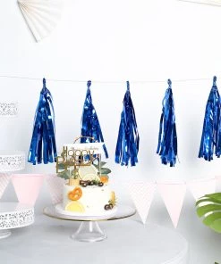 HIER_3300 Lanterns & Pom Pom Balls 5 PCS Pre-Tied Metallic Foil Fringe Tassel Garland, Tinsel Curtain For Photo Backdrop Party Decoration - Royal Blue