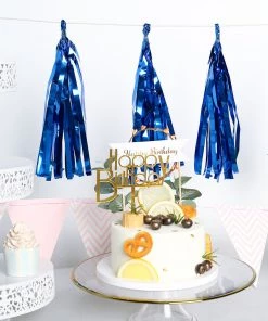 HIER_3300 Lanterns & Pom Pom Balls 5 PCS Pre-Tied Metallic Foil Fringe Tassel Garland, Tinsel Curtain For Photo Backdrop Party Decoration - Royal Blue