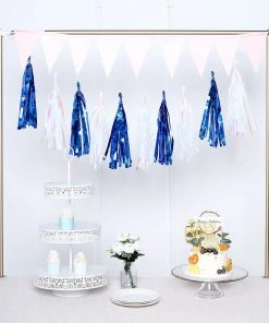 HIER_3300 Lanterns & Pom Pom Balls 5 PCS Pre-Tied Metallic Foil Fringe Tassel Garland, Tinsel Curtain For Photo Backdrop Party Decoration - Royal Blue