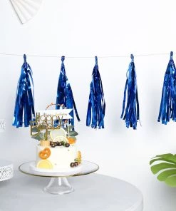 HIER_3300 Lanterns & Pom Pom Balls 5 PCS Pre-Tied Metallic Foil Fringe Tassel Garland, Tinsel Curtain For Photo Backdrop Party Decoration - Royal Blue