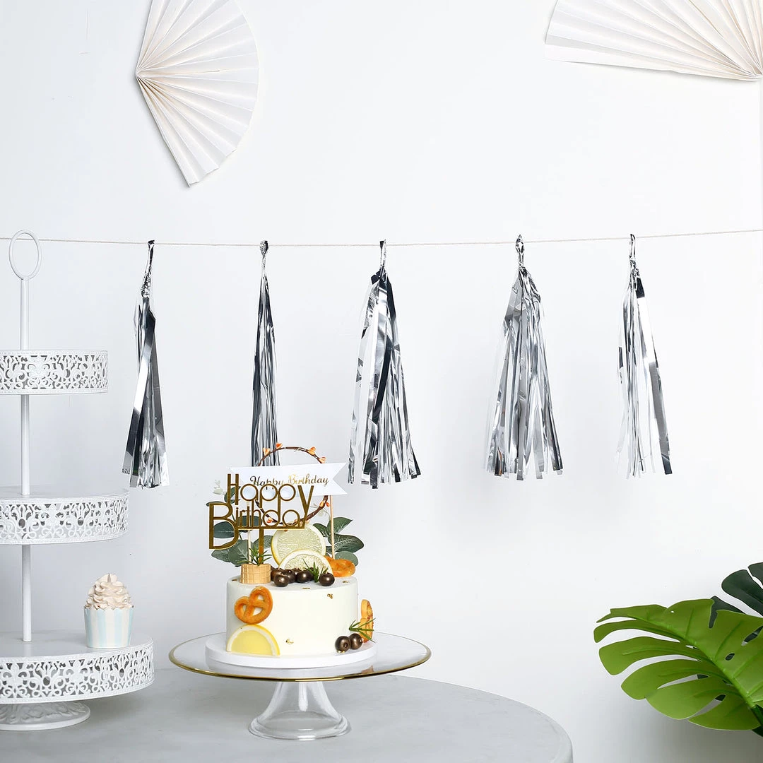 HIER_3300 5 PCS Pre-Tied Metallic Foil Fringe Tassel Garland, Tinsel Curtain For Photo Backdrop Party Decoration - Silver 10 HIER_3300 5 PCS Pre-Tied Metallic Foil Fringe Tassel Garland, Tinsel Curtain For Photo Backdrop Party Decoration - Silver