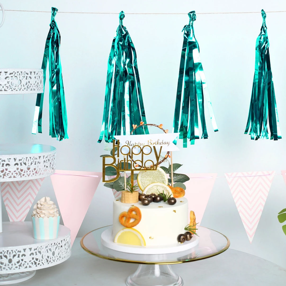 HIER_3300 5 PCS Pre-Tied Metallic Foil Fringe Tassel Garland, Tinsel Curtain For Photo Backdrop Party Decoration - Turquoise 6 HIER_3300 5 PCS Pre-Tied Metallic Foil Fringe Tassel Garland, Tinsel Curtain For Photo Backdrop Party Decoration - Turquoise
