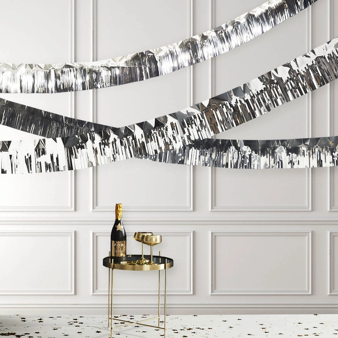 HIER_3300 Hanging Ceiling Decorations 16ft Metallic Silver Foil Tassel Fringe Backdrop Banner, Tinsel Garland Decor 2 HIER_3300 Hanging Ceiling Decorations 16ft Metallic Silver Foil Tassel Fringe Backdrop Banner, Tinsel Garland Decor