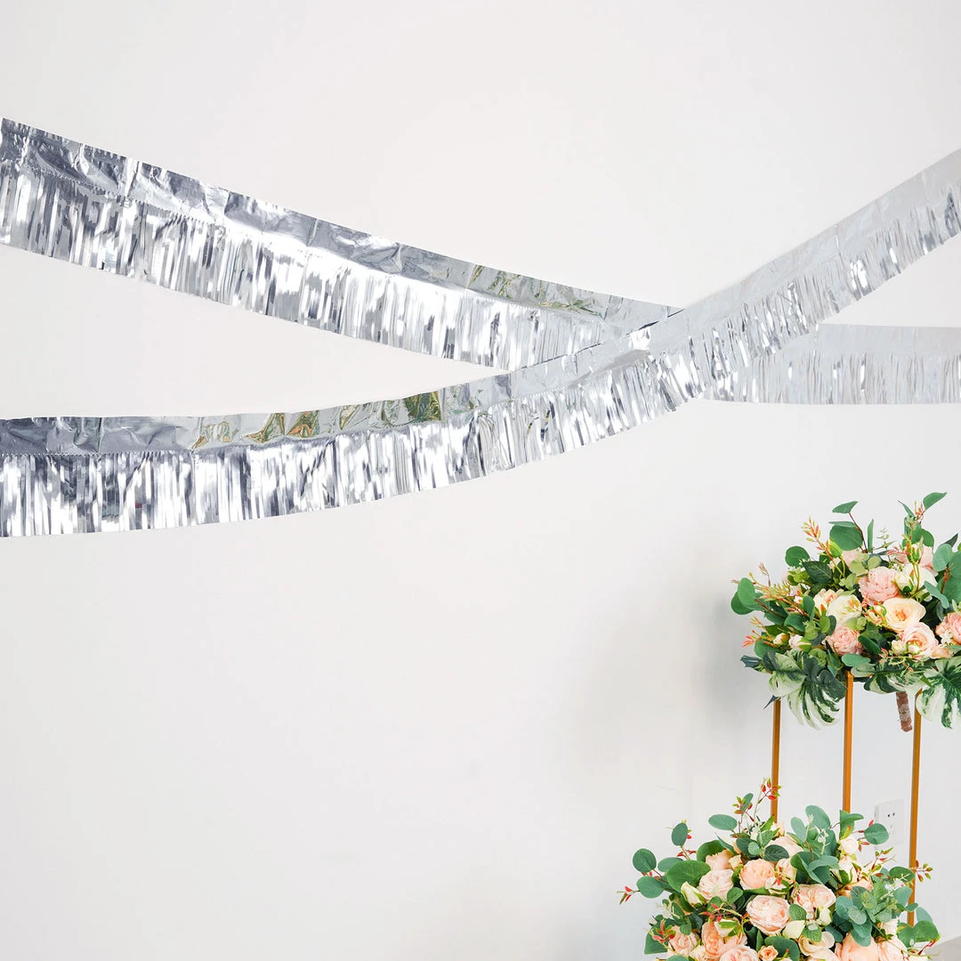 HIER_3300 Hanging Ceiling Decorations 16ft Metallic Silver Foil Tassel Fringe Backdrop Banner, Tinsel Garland Decor 8 HIER_3300 Hanging Ceiling Decorations 16ft Metallic Silver Foil Tassel Fringe Backdrop Banner, Tinsel Garland Decor