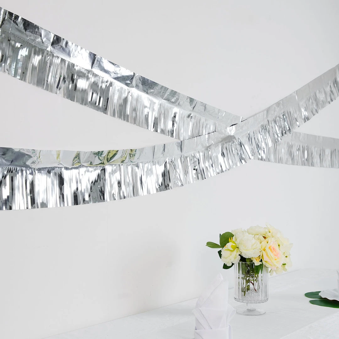 HIER_3300 Hanging Ceiling Decorations 16ft Metallic Silver Foil Tassel Fringe Backdrop Banner, Tinsel Garland Decor 1 HIER_3300 Hanging Ceiling Decorations 16ft Metallic Silver Foil Tassel Fringe Backdrop Banner, Tinsel Garland Decor