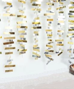 HIER_3300 Gold & Silver Confetti-Like Paper Hanging Party Garland Streamer, Backdrop Decoration - 6.5ft Hanging Ceiling Decorations