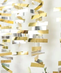 HIER_3300 Gold & Silver Confetti-Like Paper Hanging Party Garland Streamer, Backdrop Decoration - 6.5ft Hanging Ceiling Decorations