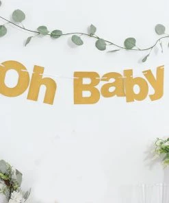 HIER_3300 3ft Gold Glittered Oh Baby Paper Hanging Baby Shower Garland Banner