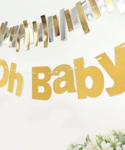 HIER_3300 3ft Gold Glittered Oh Baby Paper Hanging Baby Shower Garland Banner