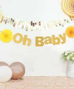 HIER_3300 3ft Gold Glittered Oh Baby Paper Hanging Baby Shower Garland Banner