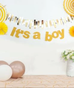 HIER_3300 3ft Gold Glittered It's A Boy Paper Hanging Gender Reveal Garland Banner, Baby Shower Banner