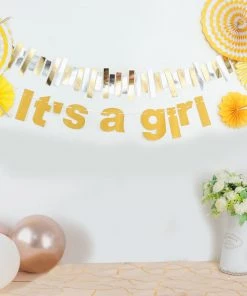 HIER_3300 3ft Gold Glittered It's A Girl Paper Hanging Gender Reveal Garland Banner, Baby Shower Banner Hanging Ceiling Decorations