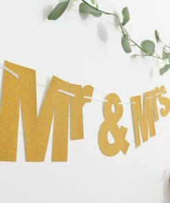 HIER_3300 Hanging Ceiling Decorations 3ft Gold Glittered Mr & Mrs Paper Hanging Wedding Anniversary Banner, Party Garland Banner