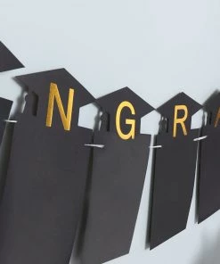 HIER_3300 Hanging Ceiling Decorations Black & Gold Congrats Grad Paper Photo Backdrop Hanging Garland Banner - 5.5ft