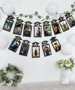 HIER_3300 Hanging Ceiling Decorations Black & Gold Congrats Grad Paper Photo Backdrop Hanging Garland Banner - 5.5ft