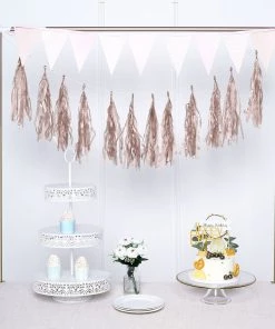 HIER_3300 Lanterns & Pom Pom Balls 12 PCS Pre-Tied Paper Fringe Tassel Garland, Paper Tinsel Curtains - Rose Gold