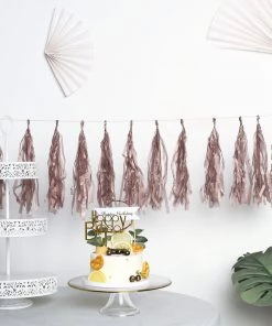 HIER_3300 Lanterns & Pom Pom Balls 12 PCS Pre-Tied Paper Fringe Tassel Garland, Paper Tinsel Curtains - Rose Gold