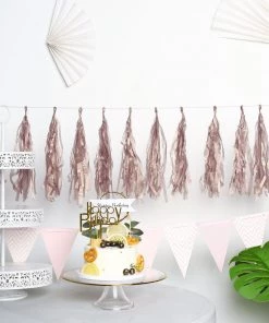 HIER_3300 Lanterns & Pom Pom Balls 12 PCS Pre-Tied Paper Fringe Tassel Garland, Paper Tinsel Curtains - Rose Gold