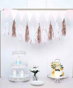 HIER_3300 Lanterns & Pom Pom Balls 12 PCS Pre-Tied Paper Fringe Tassel Garland, Paper Tinsel Curtains - Rose Gold