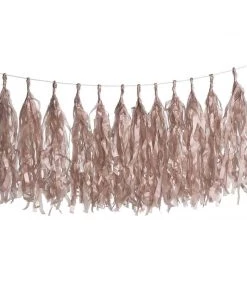 HIER_3300 Lanterns & Pom Pom Balls 12 PCS Pre-Tied Paper Fringe Tassel Garland, Paper Tinsel Curtains - Rose Gold